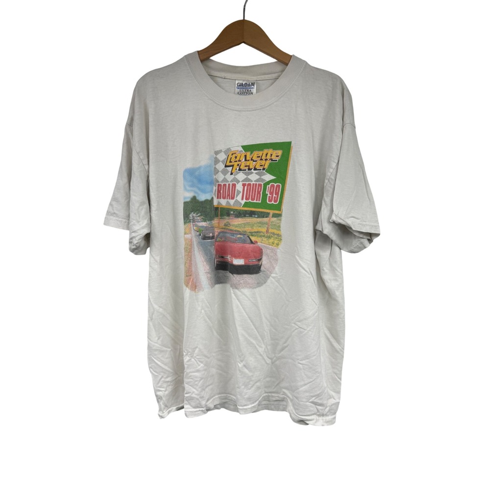Vintage 1999 Corvette Fever Road Tour T-Shirt Mens XL White Car Graphic Gildan